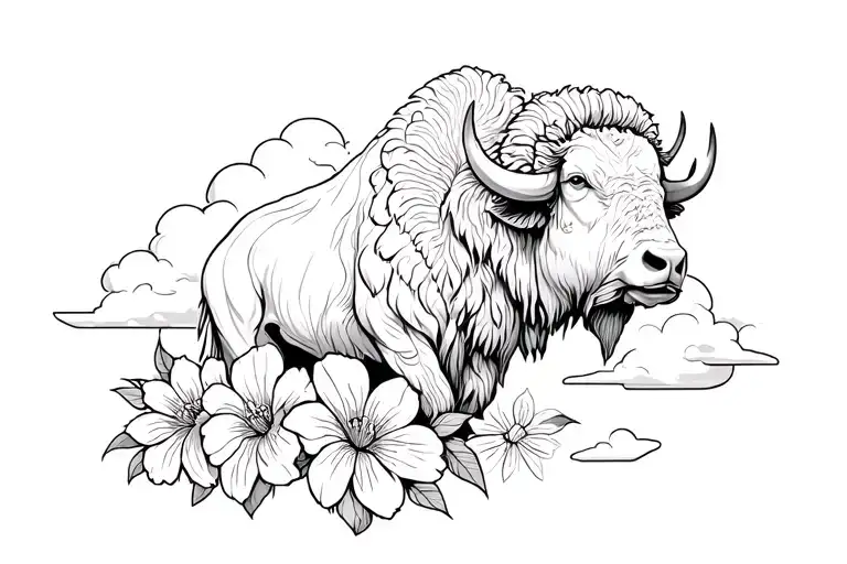 WHITE BUFFALO FLOWERS AND CLOUDS tattoo design idea