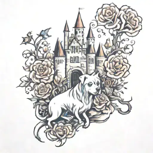 castle, phone, dog, ghosts, flowers, thorns tattoo design idea
