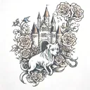 castle, phone, dog, ghosts, flowers, thorns tattoo design idea