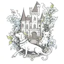 castle, phone, dog, ghosts, flowers, thorns tattoo design idea