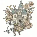 castle, phone, dog, ghosts, flowers, thorns tattoo design idea