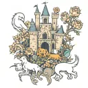 castle, phone, dog, ghosts, flowers, thorns tattoo design idea