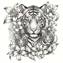 Mother tiger with 2 tiger cubs surrounded by lily flowers tattoo design idea