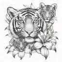 Mother tiger with 2 tiger cubs surrounded by lily flowers tattoo design idea