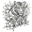 Mother tiger with 2 tiger cubs surrounded by lily flowers tattoo design idea