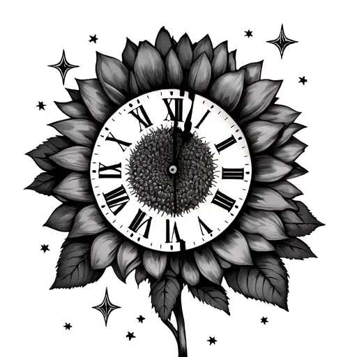 half sunflower and half clock that breaks at 3.30pm. With background of roses and stars tattoo design idea