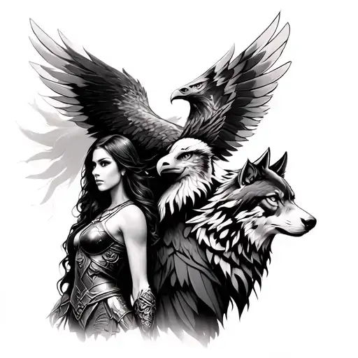 male and female warrior with eagle and wolf tattoo design idea