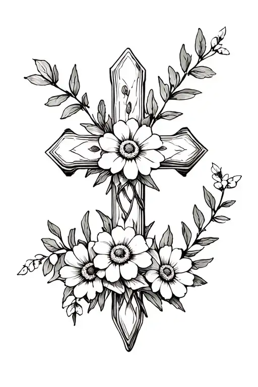 small cross with olive branches daisies, roses and daffodils  tattoo design idea