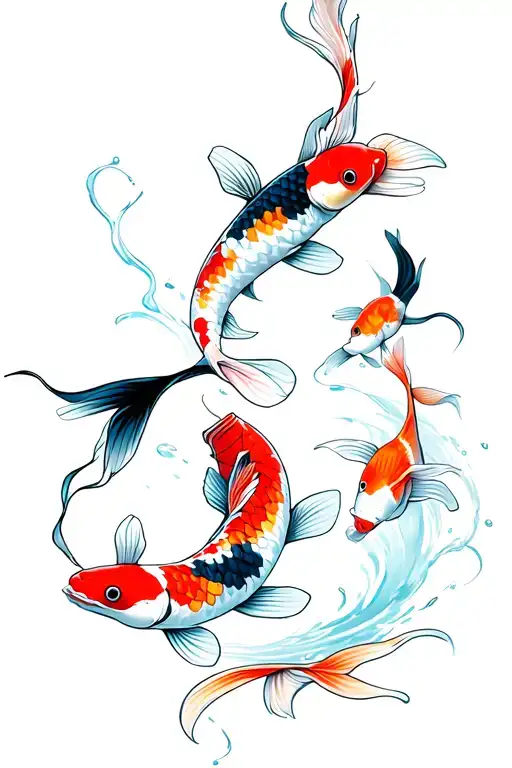 8 colourful  koi fish and 1 black koi fish swimming around on a tatto sleeve and being little colour and not solid lines tattoo design idea