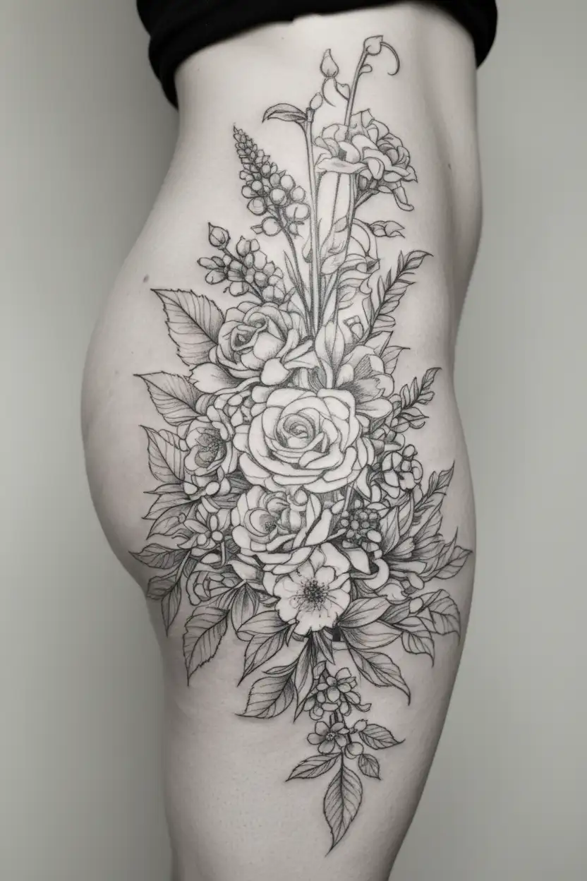 birth flower bouquet for January, May and September tied together with a ribbon tattoo design idea