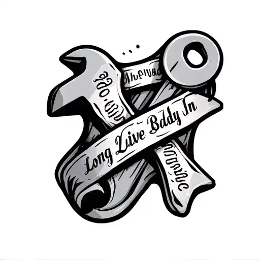 Make a sharp bloody wrench with fortune cookie tags wrapped around it saying Long Live Baldy In Cursive text tattoo design idea