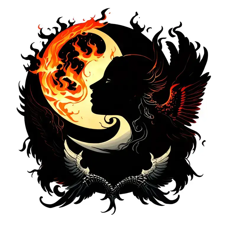 abstract spine tattoo with the moon and angels and fire tattoo design idea