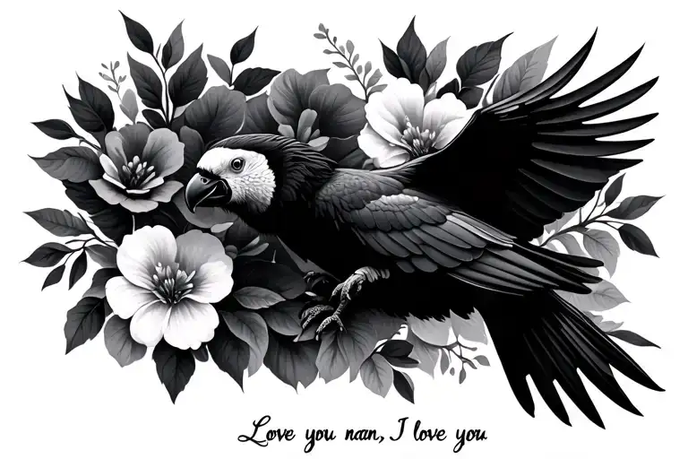 "Love you nan. I love you" flowers and black cockatoo flying tattoo design idea