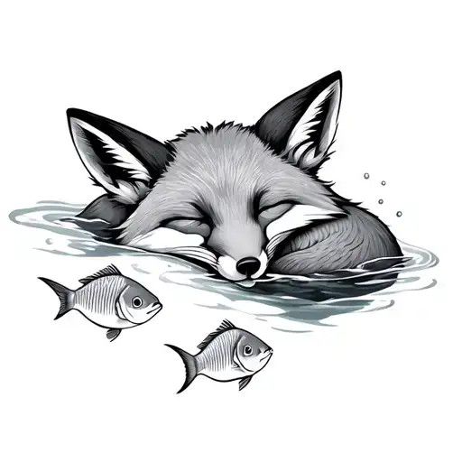 sleeping fox underwater surrounded by fish tattoo design idea