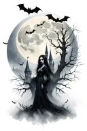 vampire girl moonlit gothic castle with bats in the air, dead trees, and fog tattoo design idea