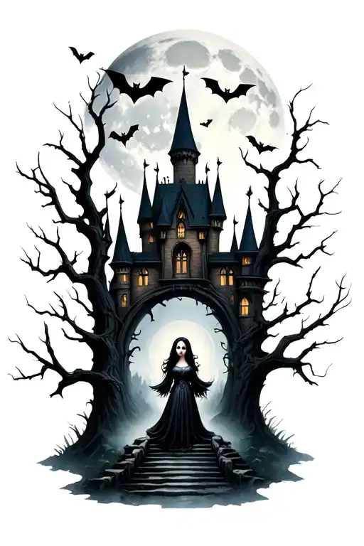 vampire girl moonlit gothic castle with bats in the air, dead trees, and fog tattoo design idea