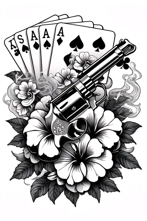 revolver with playing cards hibiscus flowers and dice with smokes surronding it  tattoo design idea