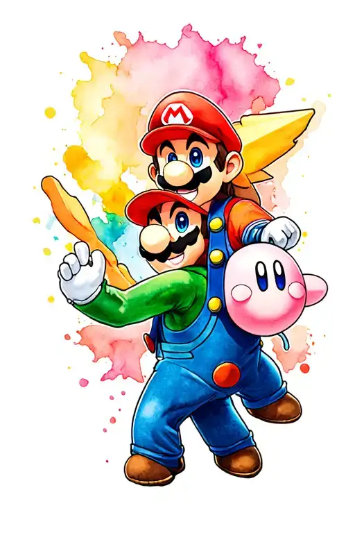 Zelda, Pokemon, Super Mario Bros,Kirby characters battling tattoo design idea