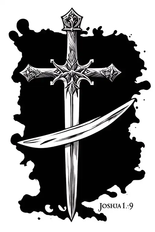 cross, sword, joshua 1:9 bible verse tattoo design idea