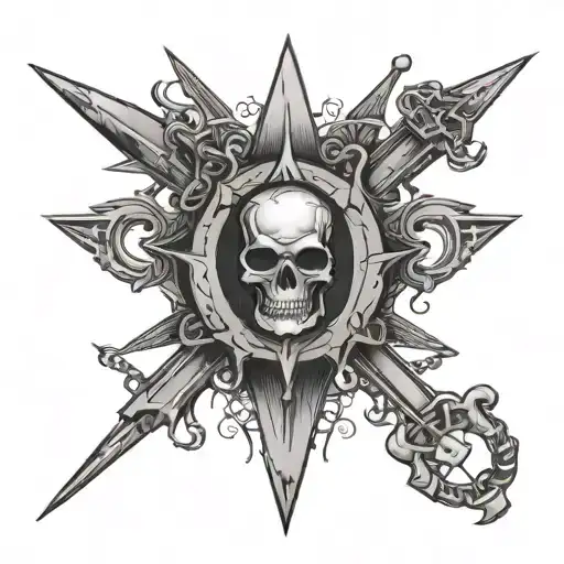 A tattoo with daggers, stars, some chains, a gothic style tattoo design idea