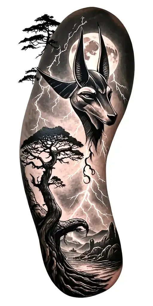 viking rume and moon and tree and lightning bolt Featuring Anubis tattoo design idea