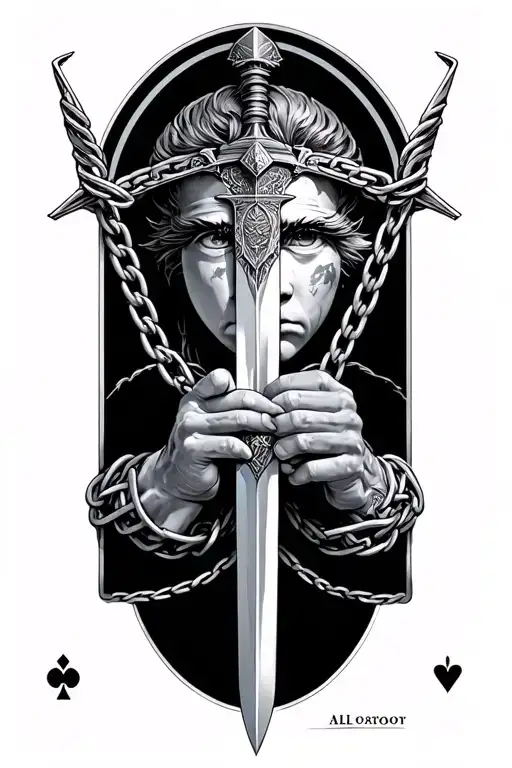 black and grey chained Titan Atlas holding the world , ace of swords drawn. pyramid with all seeing eye tattoo design idea