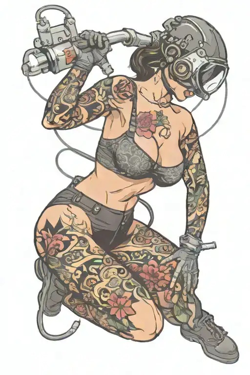 sexy female body donning welder mask and lingerie, big, round ass,  over on her knees welding, she's fit, tattoo design idea