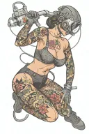 sexy female body donning welder mask and lingerie, big, round ass,  over on her knees welding, she's fit, tattoo design idea
