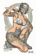 sexy female body donning welder mask and lingerie, big, round ass,  over on her knees welding, she's fit, tattoo design idea