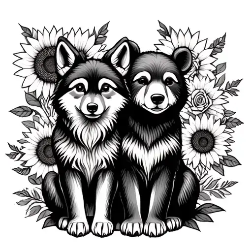  cute baby wolf and bear sitting with sunflowers and roses. black tattoo design idea