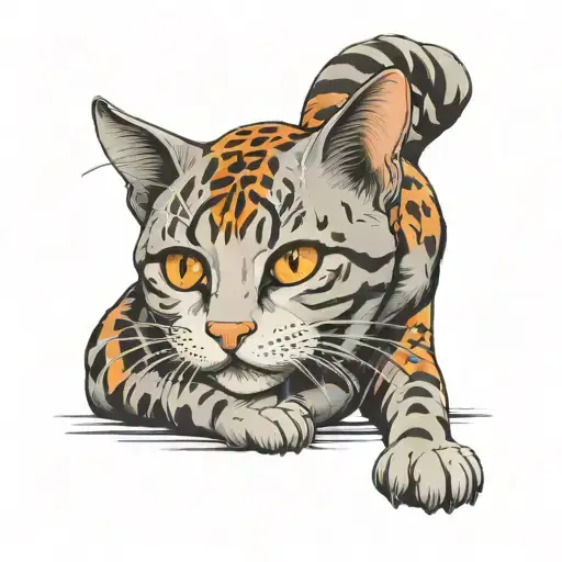 skinny female tabby cat, short hair, white hair on belly and chest, orange spot on head,, white paws. tattoo design idea
