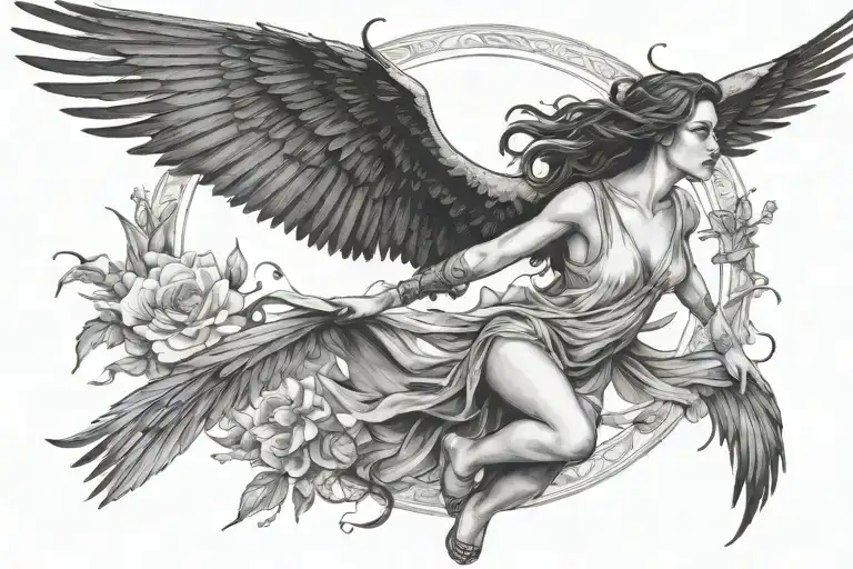 memento vivere woman with raven wings flying away Icarus symbol tattoo design idea