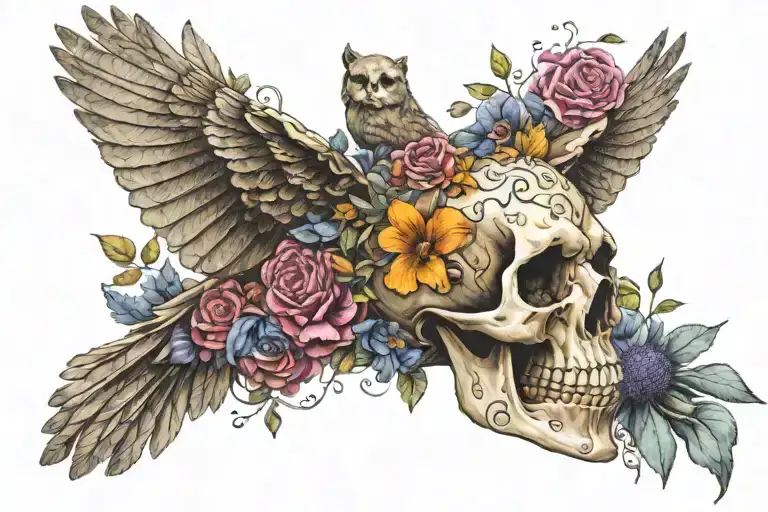 Skull made of flowers being held bay a flying owl flying tattoo design idea