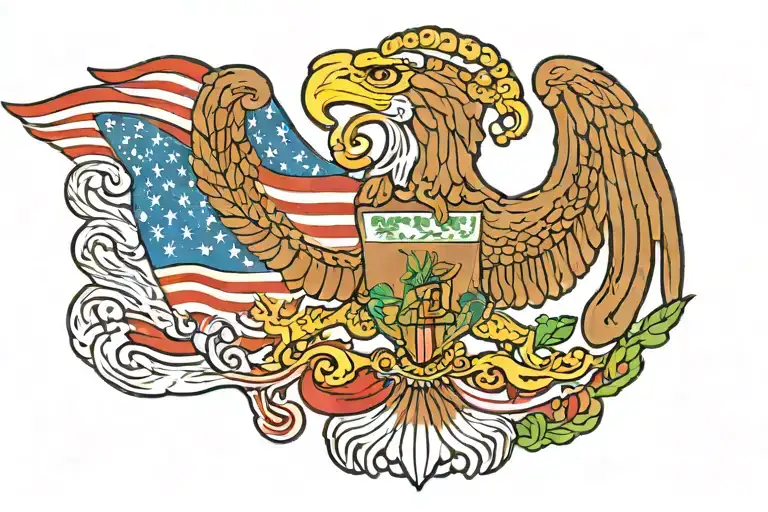 half texas flag, half mexican flag waving, with mexican eagle, and bald eagle tattoo design idea