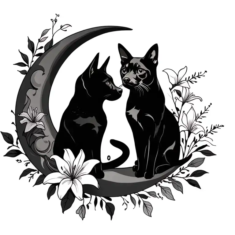 Dog and cat sitting silhouette on a crescent moon with lily flowers tattoo design idea