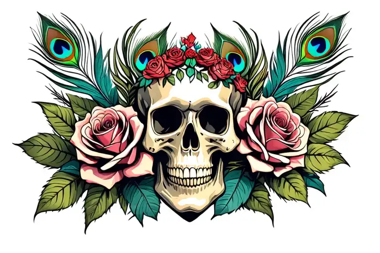 skull, roses with leaves, peacock feathers tattoo design idea