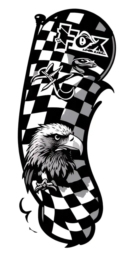 checkered flag with alpine stars logo on it and fox racing logo and add a amarican traditional eagle with snake and cros tattoo design idea