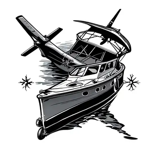 Light aircraft, motor boat and compass intertwined tattoo design idea