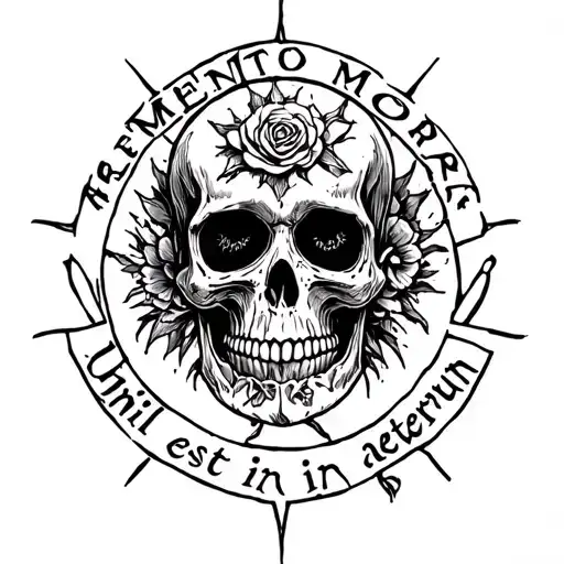 the phrase in latim "memento mori, nihil est in aeternum", com uma caveira tattoo design idea