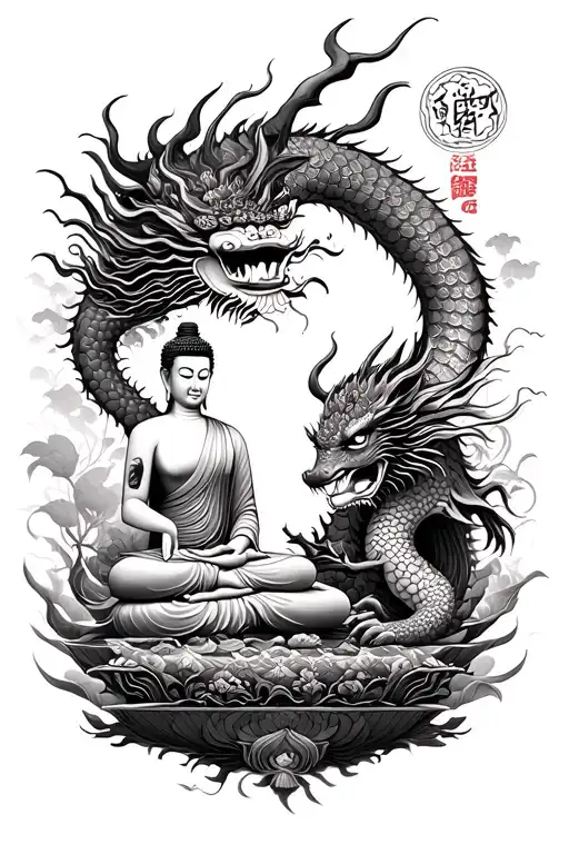 Buddha and dragon with Japanese themes surrounding  tattoo design idea