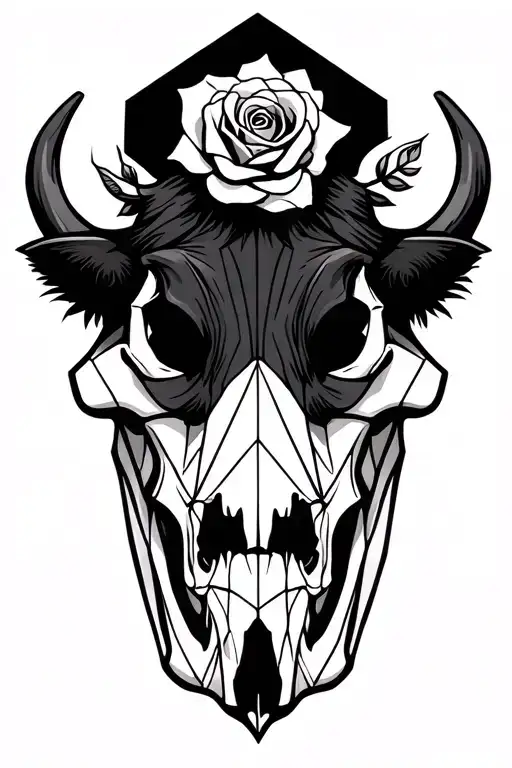 Highland Cow skull with roses tattoo design idea