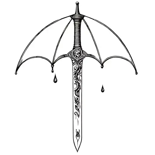 An ornamental dagger going through an umbrella in the style of That's the spirit album from BMTH with few drops under th tattoo design idea