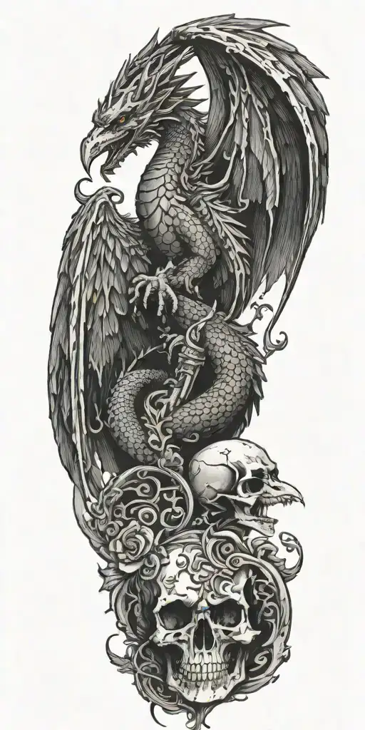 a sword and crown; large badass dragon. gothic castle, a raven perched on a skull, the tarot card "the reader",  tattoo design idea