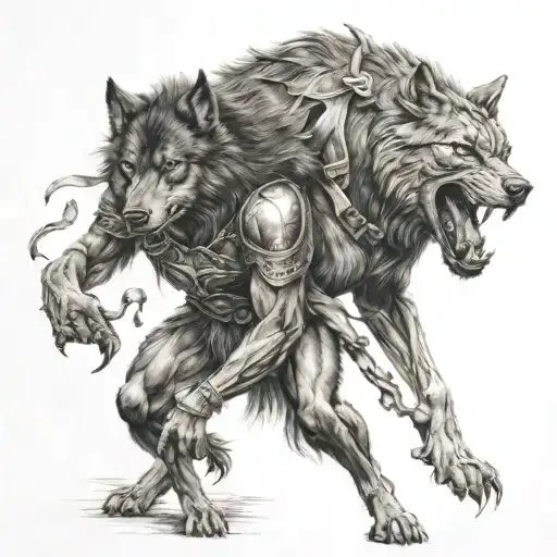 Black wolf and a spartan warrior battling tattoo design idea