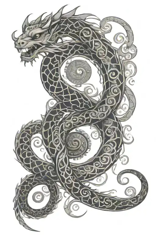 golden spiral and oroboros serpent circling tattoo design idea