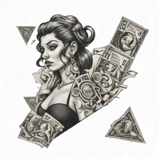 woman with casioni money and gangster things tattoo design idea