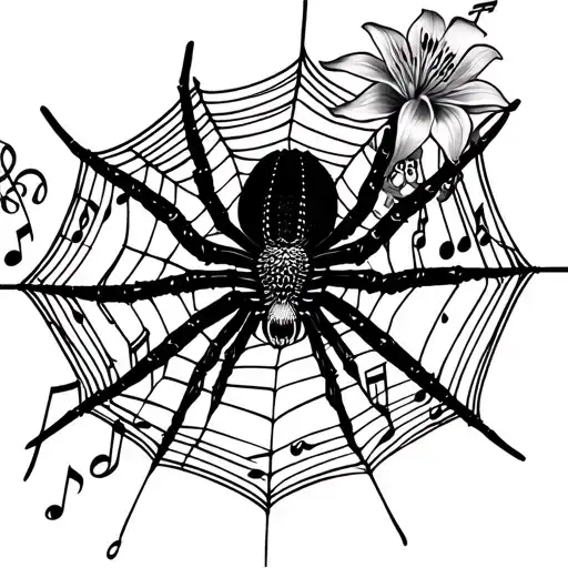 spider on spider web with 888 angel number with spider lily's and music notes trapped in the web (forearm tattoo) tattoo design idea