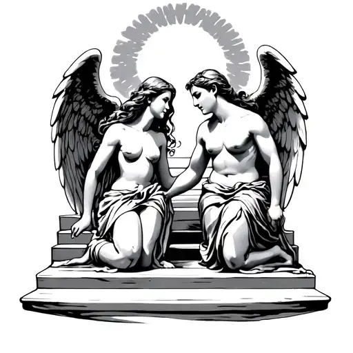 male and female angels kneeling at the steps of hevan tattoo design idea