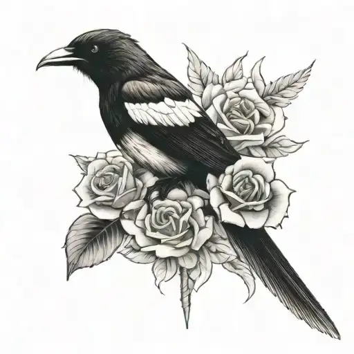 Rose, Magpie flying, Sword japan tattoo design idea