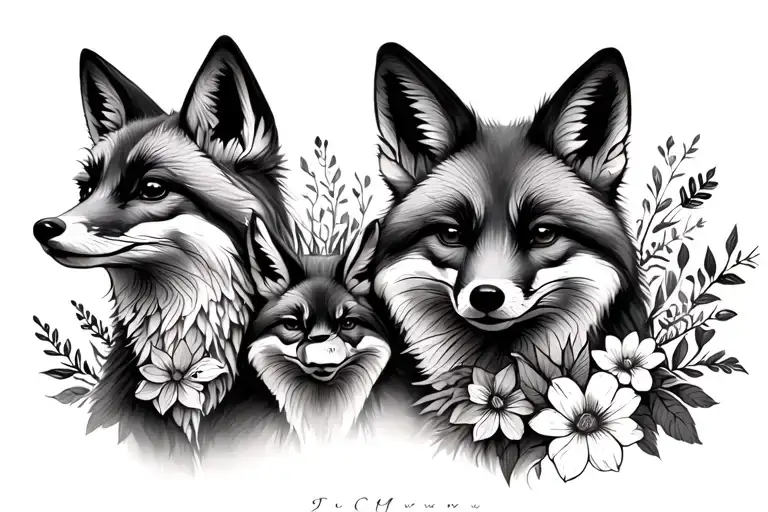 sketched family of foxes and flowers tattoo design idea